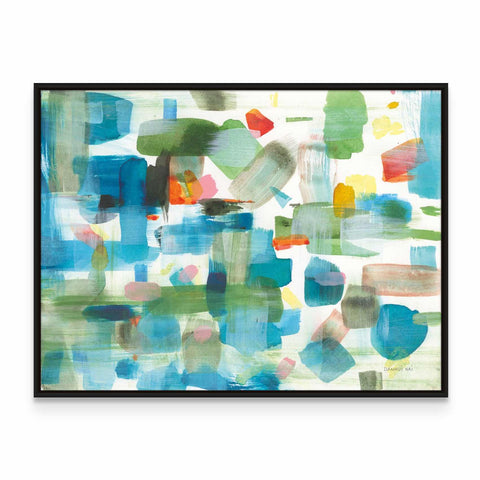 an abstract painting with blue, green, and yellow colors