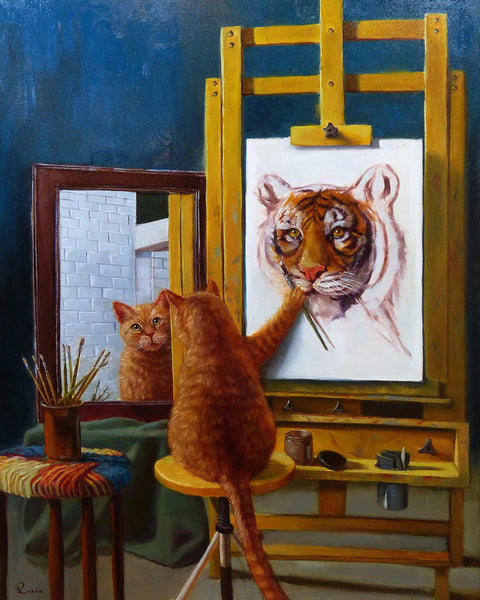 a painting of a tiger and a cat on a easel