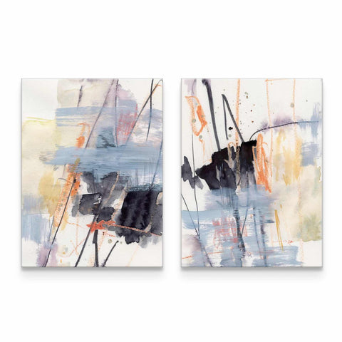 two abstract paintings on a white wall