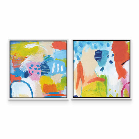 two paintings of different colors on a white wall