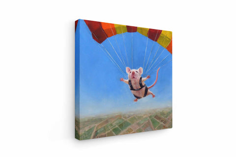 a painting of a mouse flying with a parachute