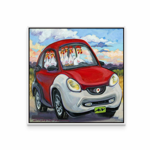 a painting of a red car with four cats in the front