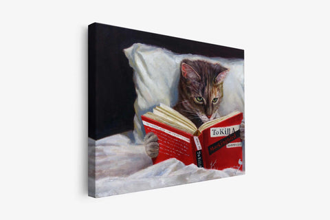 a painting of a cat reading a book on a bed
