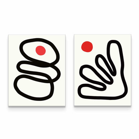 two black and white paintings with red dots