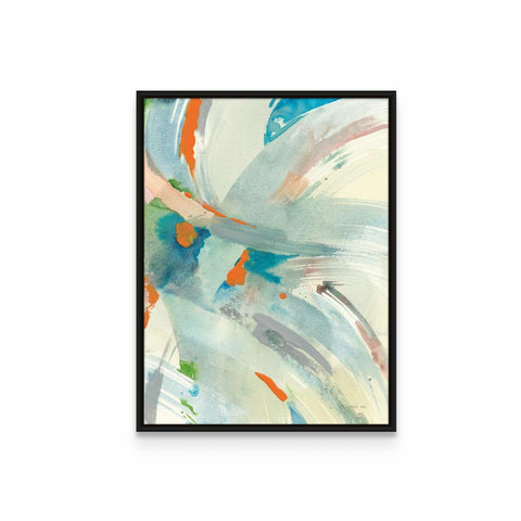 an abstract painting in a black frame on a white wall