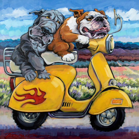 a painting of two dogs riding a yellow scooter