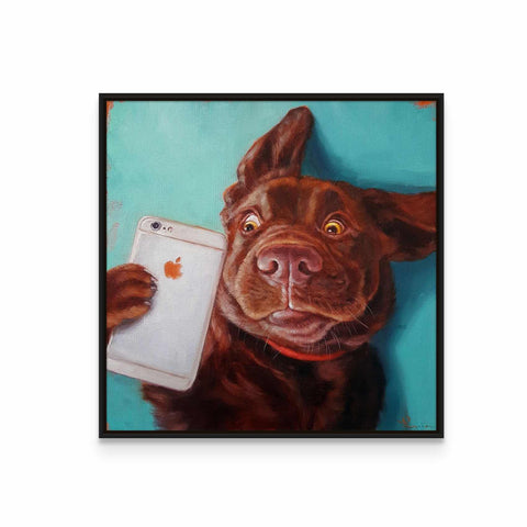 a painting of a dog holding a cell phone