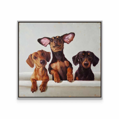 a painting of three dogs sitting next to each other