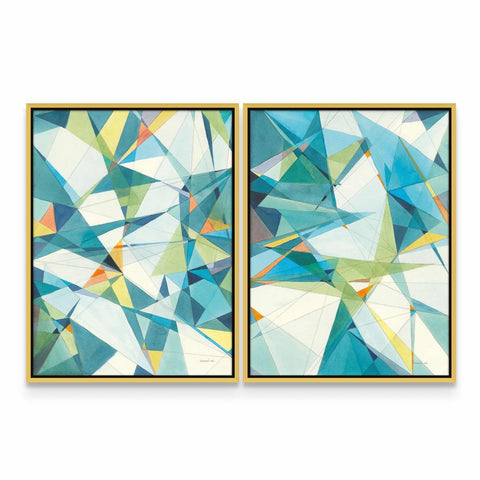 two abstract paintings of blue and yellow shapes