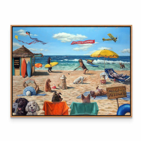 a painting of a beach scene with people and dogs