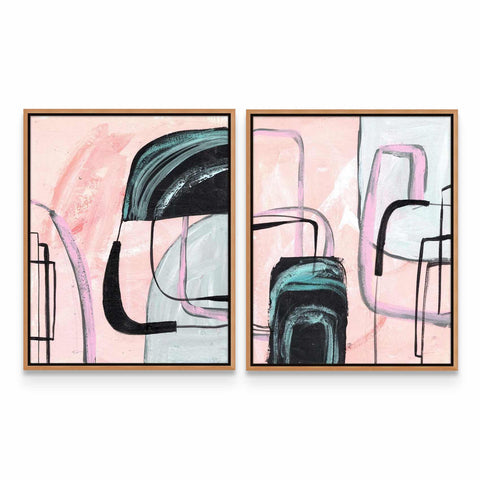 two paintings of abstract shapes in pink and black