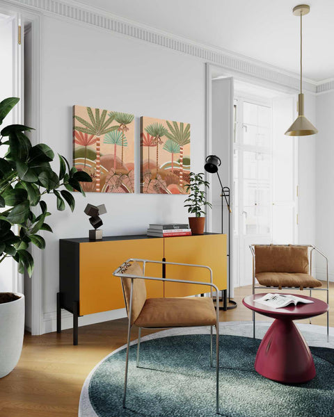 a living room with a couch, chair, table and potted plant