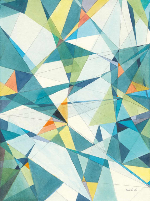 an abstract painting of blue, green, yellow, and white shapes