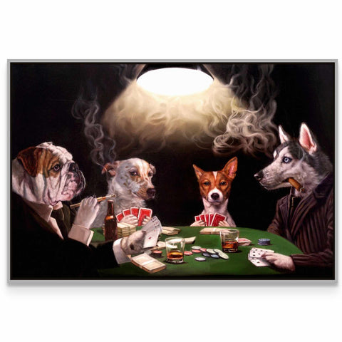 a painting of dogs playing cards at a table