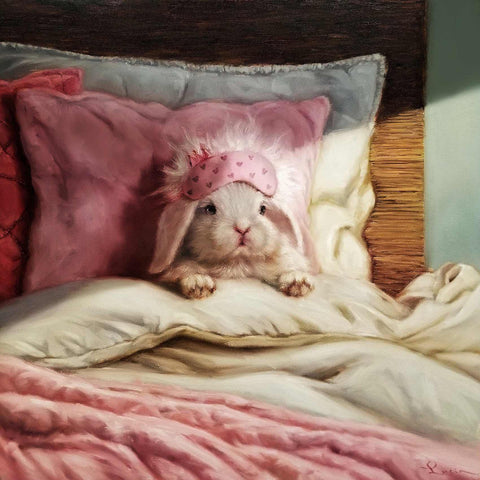 a painting of a bunny in a pink hat on a bed