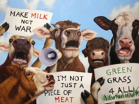 a painting of a group of cows holding signs