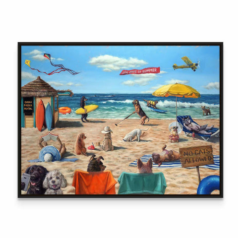 a painting of a beach scene with people and dogs