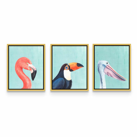 three paintings of flamingos and a bird on a wall