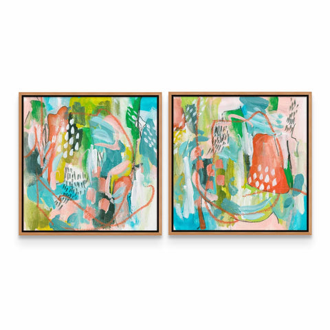 two paintings of different colors on a white wall