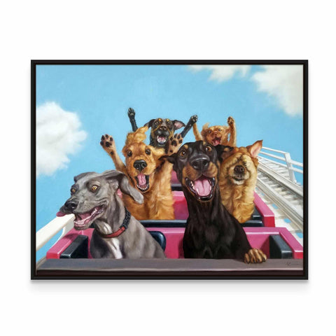 a painting of a group of dogs riding on a roller coaster