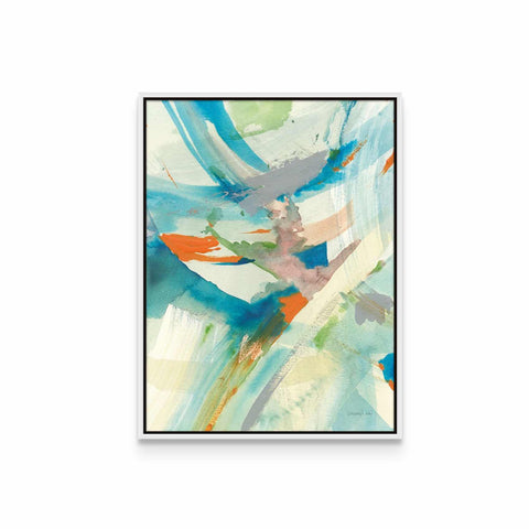 an abstract painting with blue, green and orange colors