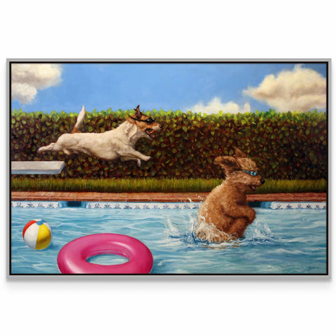 a painting of two dogs playing in a pool