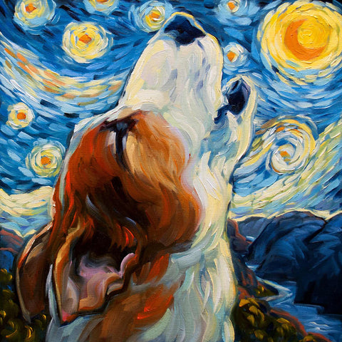 a painting of a dog looking up at the stars