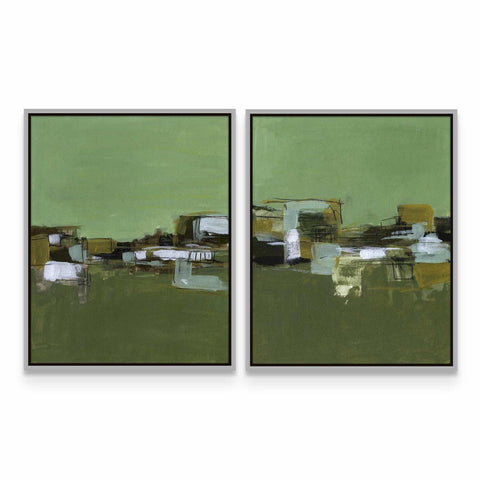 two paintings of green and brown on a white wall