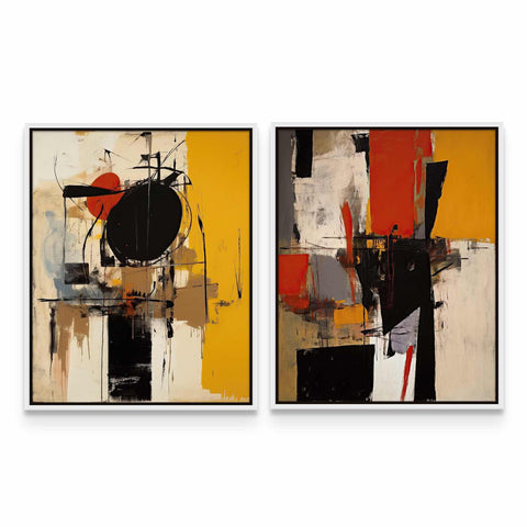 two abstract paintings on a white wall