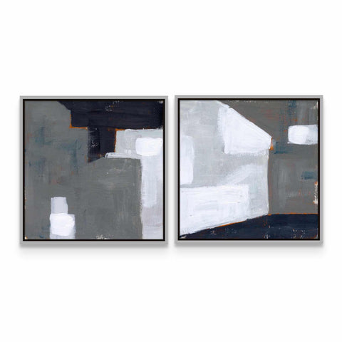 two paintings on a white wall one is gray and the other is white