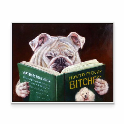 a painting of a dog reading a book