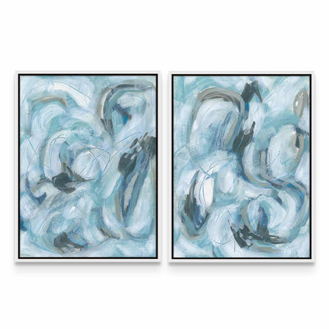 two abstract paintings of blue and white colors
