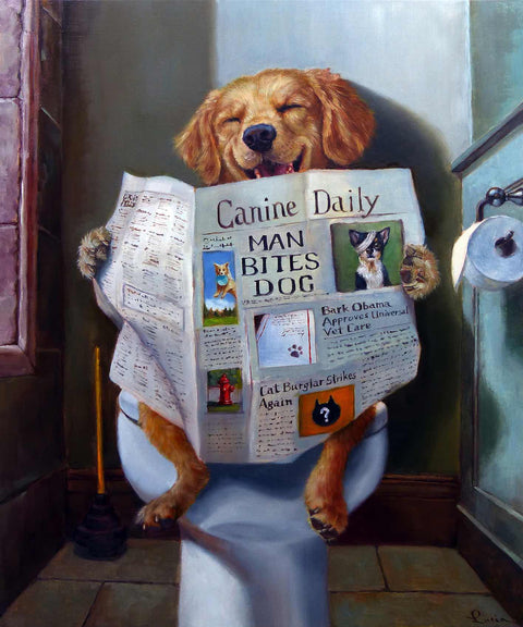 a painting of a dog sitting on a toilet reading a newspaper