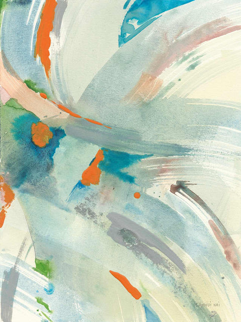 an abstract painting with blue, orange, and white colors