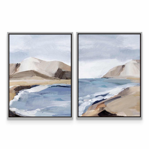 two paintings of a beach with mountains in the background