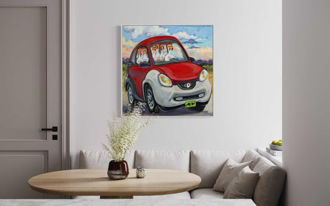 a painting of a red car on a white wall