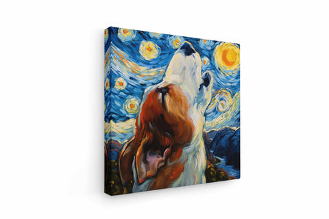 a painting of a dog looking up at the stars
