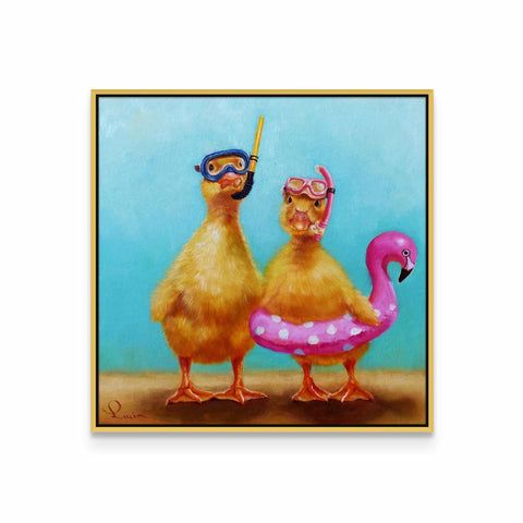 a painting of two ducks wearing goggles