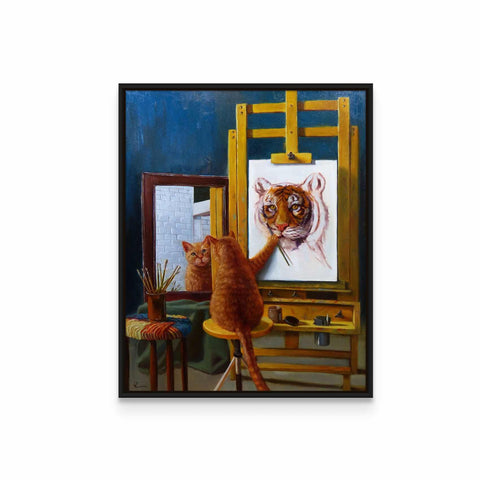 a painting of a tiger and a cat on a easel