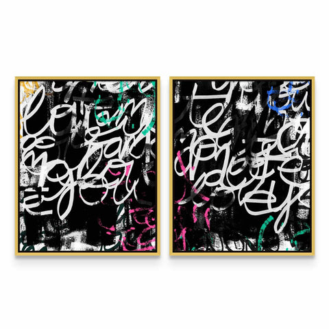 two black and white paintings with colorful graffiti on them
