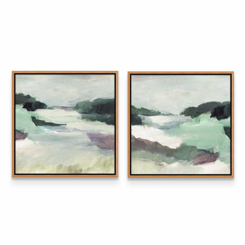 two paintings of green and purple on a white wall