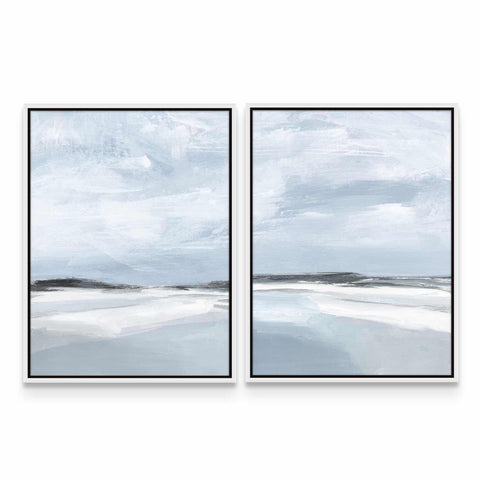 two paintings of a beach with a sky background