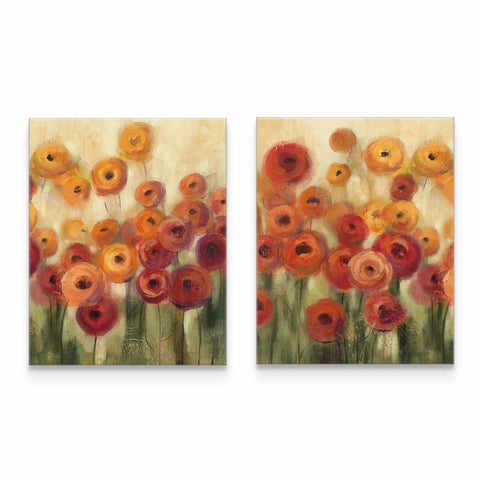 two paintings of red and yellow flowers on a white background