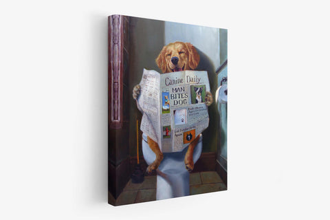 a painting of a dog sitting on a toilet reading a newspaper