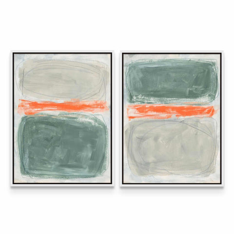 two abstract paintings of green and orange on a white wall