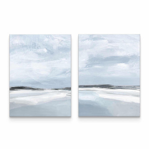 two paintings of a beach and a cloudy sky
