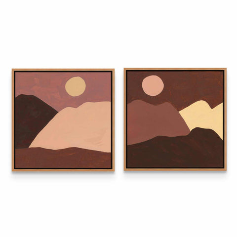 two paintings of mountains in brown and pink