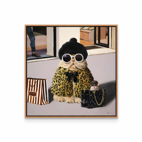 a painting of a cat wearing sunglasses and a leopard coat