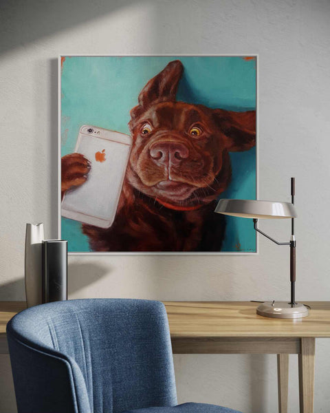 a painting of a dog holding a cell phone
