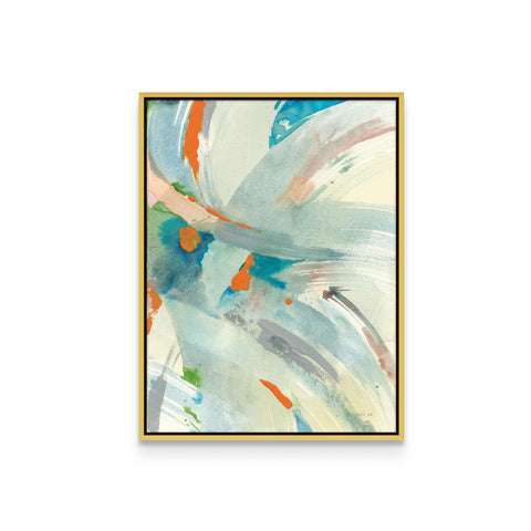 an abstract painting in a gold frame on a white wall